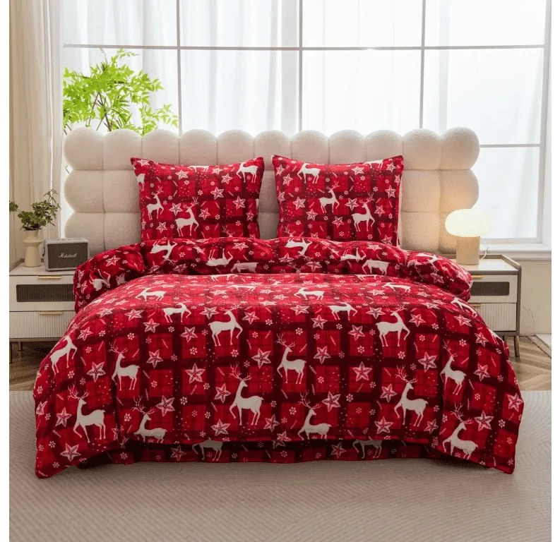Set lenjerie cocolino VELVET CHRISTMAS rosu + cearsaf Cocolino microplus cu elastic SOFT 90x200 cm alb, pat single