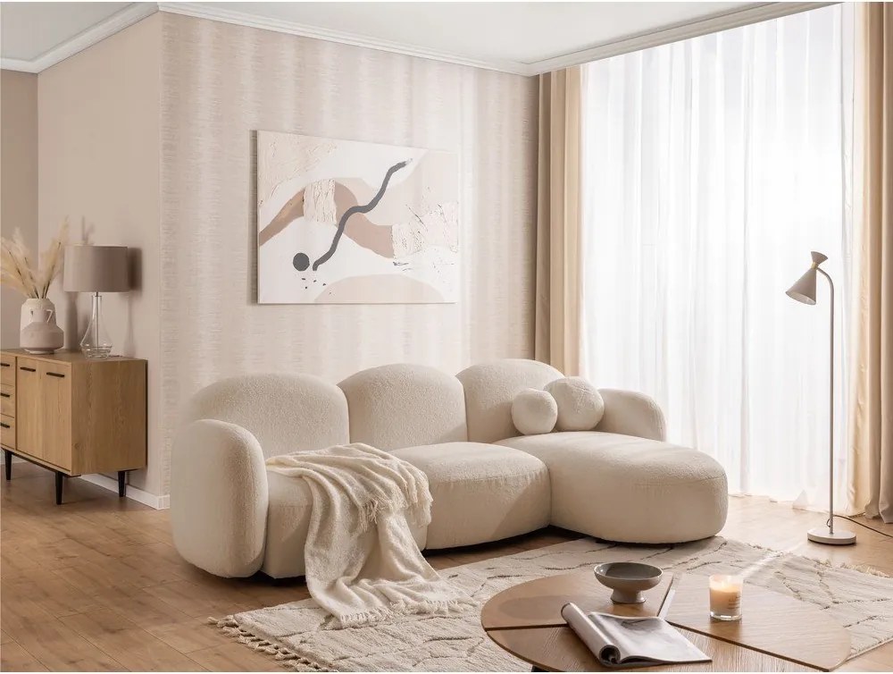 Colțar maro deschis cu tapițerie din țesătură bouclé (cu colț pe partea dreaptă/cu șezlong) Orbit – Ropez