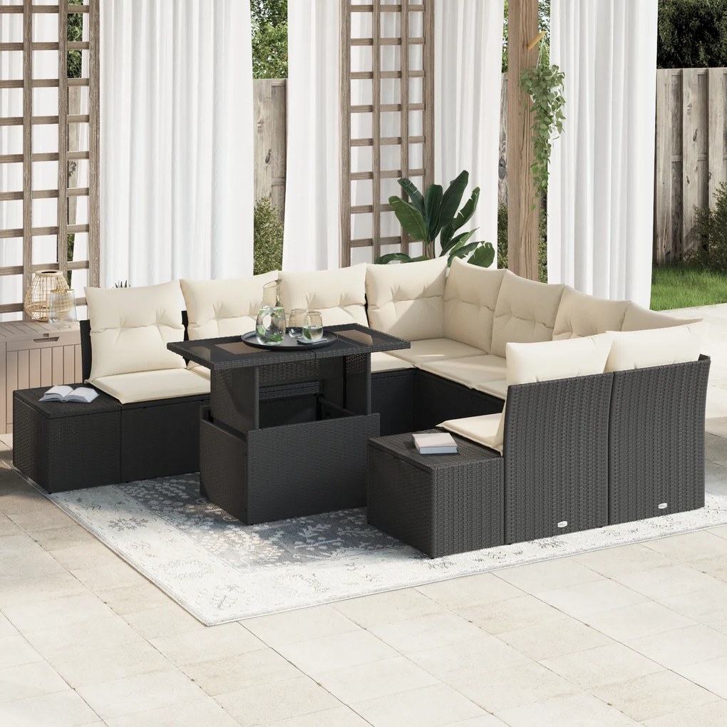 vidaXL Set de Canapea de Grădină , 9 piese, perne incluse, rattan sintetic negru