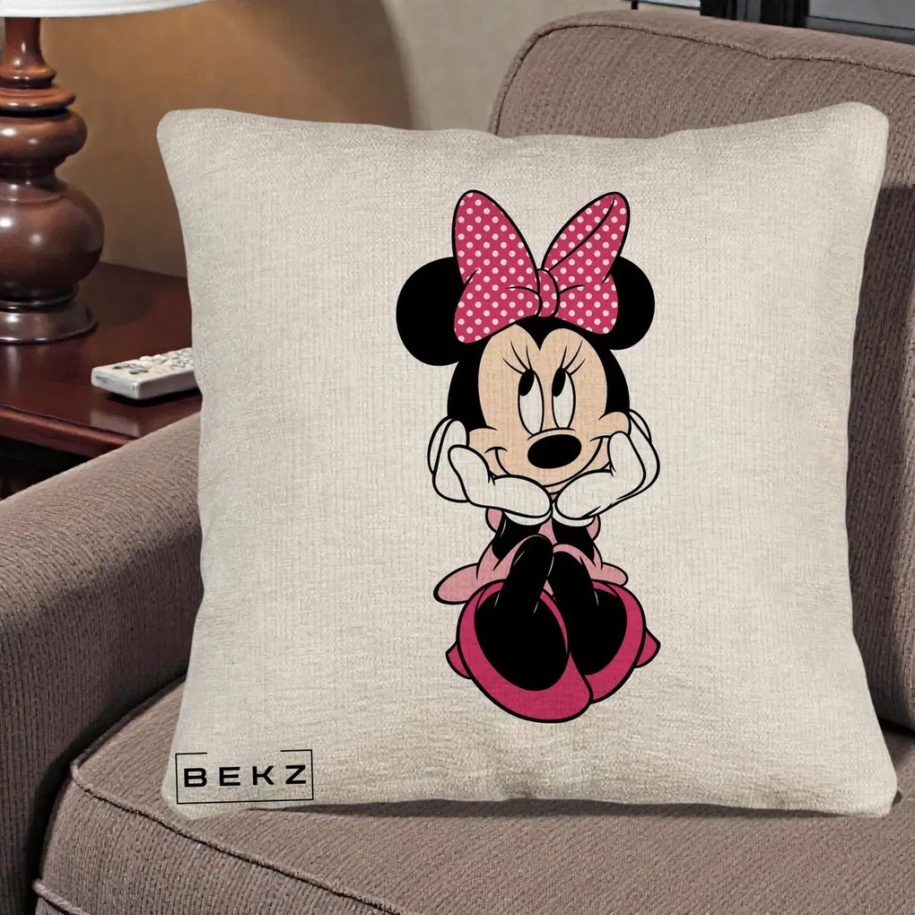 Perna Personalizata Minnie Mouse cu Fundita, 40x40 cm, Bej Canapea, Husa Detasabila, Perna Inclusa, BEKZ®