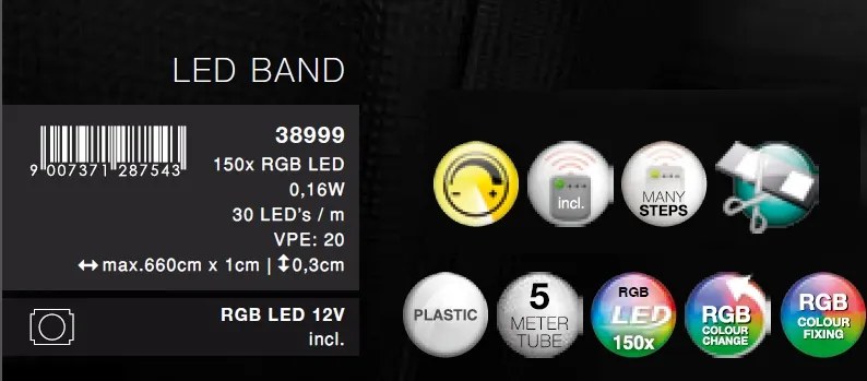 Banda cu iluminat LED-RGB cu telecomanda, 56W, 5-metri, IP44, LED BAND 38999 GL