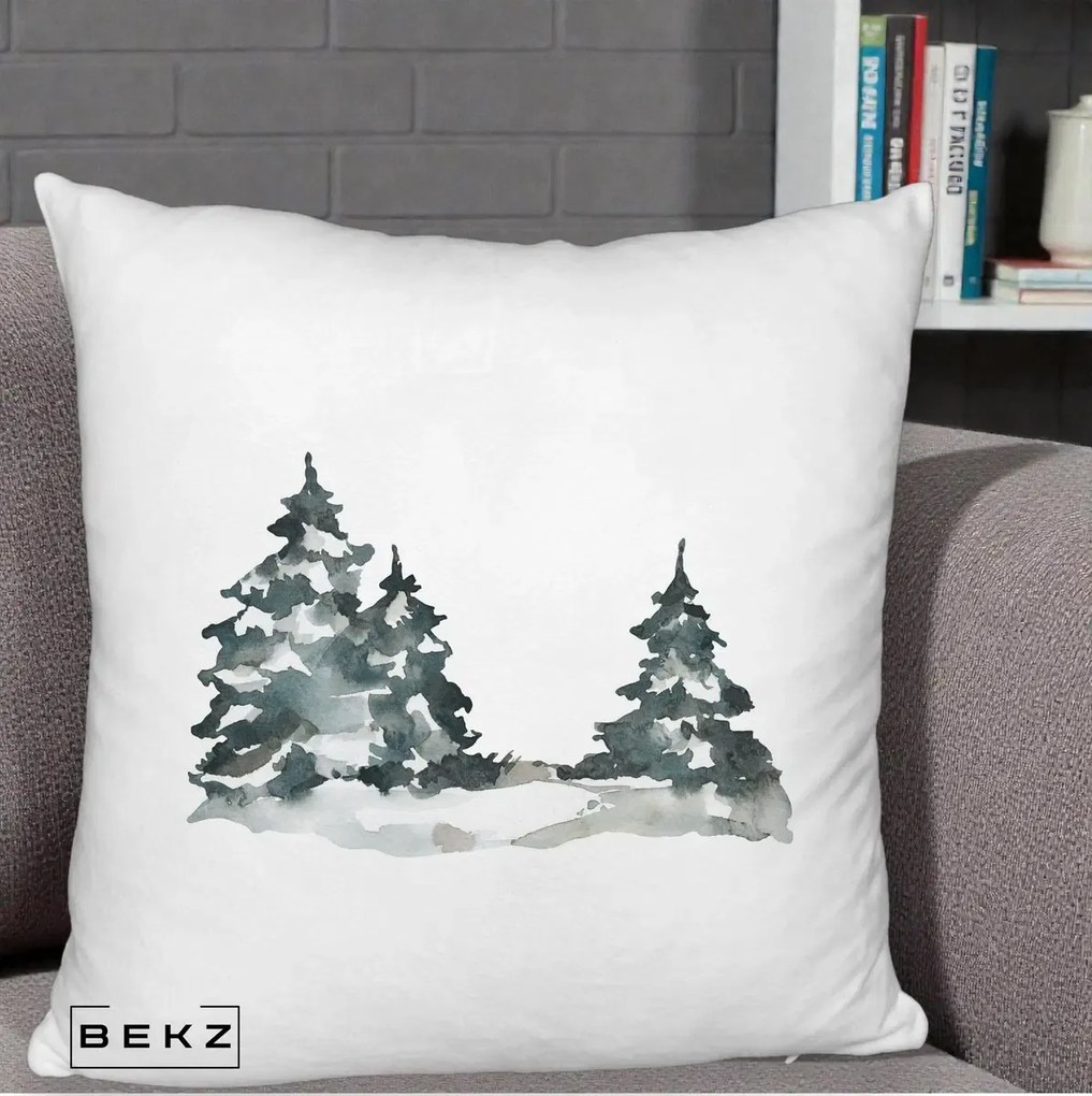 Perna Decorativa Brazi Inzapeziti Acuarela, 40x40 cm, Alb Pufos, Husa Detasabila, Perna Inclusa, BEKZ®