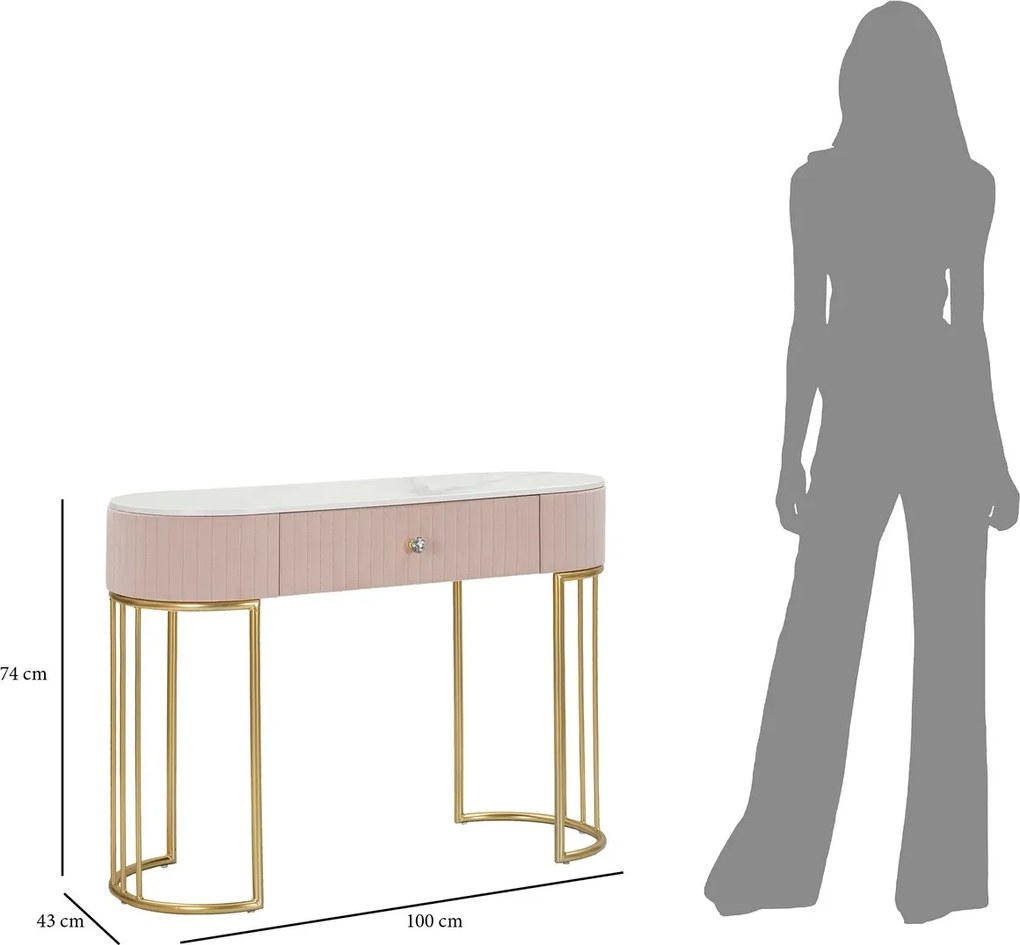 Consola, Mauro Ferretti, Montpellier, 100 x 40 x 75 cm, fier/lemn/piele ecologica, roz/auriu/alb