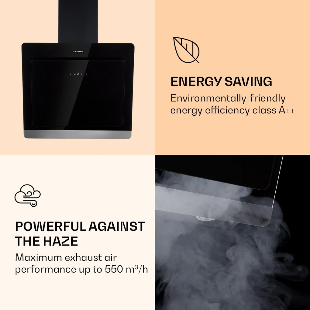 Aurora 60 Smart, Hotă, 550 m³/h, 60 cm, hotă de coș de fum, lumină de fundal, clasa de eficiență energetică A++