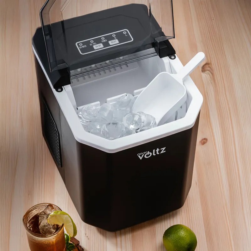 Aparat cuburi de gheata Oliver Voltz OV51447B, 120W, 12 kg/24 h, 1.3 L, 9 cuburi/cicluri, Indicator de gheata si apa, Negru