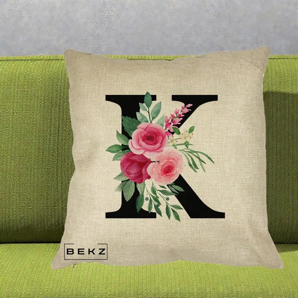Cadou Personalizat - Perna Personalizata Monograma Florala Litera K, 40x40 cm, Crem, Husa Detasabila, Perna Inclusa, BEKZ®