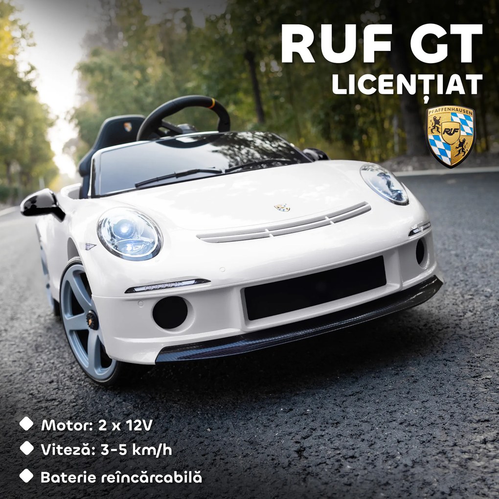 AIYAPLAY Mașină pentru Copii 3-5 Ani cu Licență Oficială RUF GT, Telecomandă, Centură de Siguranță și Muzică, Alb | Aosom Romania