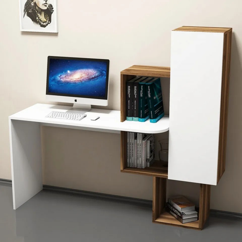 Birou de Studiu si Biblioteca, PAL Melaminat, Azalee , Nuc / Alb