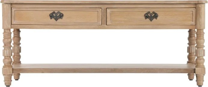 Măsuță de cafea din lemn masiv de mango, finisaj natural maro, 2 sertare și poliță inferioară, 110 x 60 x 45 cm, „Classic"