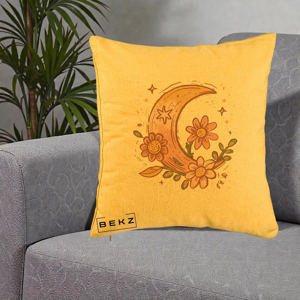 Perna Decorativa Luna Florala Boho, 40x40 cm, Galben, Husa Detasabila, Perna Inclusa, BEKZ®