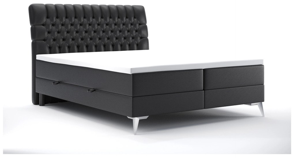 Pat matrimonial Boxspring 180 cm Molera (Negru piele ecologică) (cu sp. depozitare). 1044264