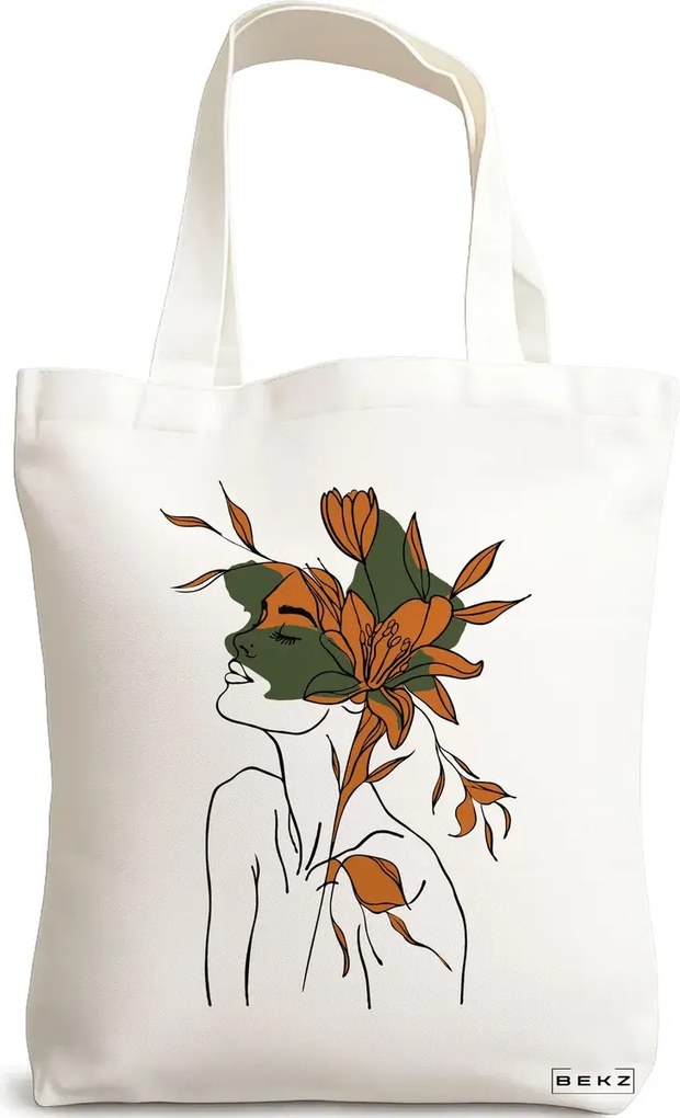 Sacosa de Panza pentru Cumparaturi, Geanta Tote, Flower Lady 6, 38x34.5 cm, Alba, BEKZ®