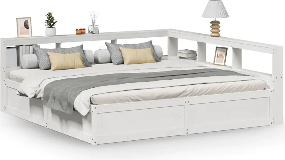 vidaXL Pat cu bibliotecă fără saltea, alb, 200x200 cm, lemn masiv pin