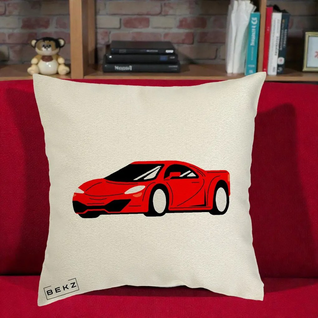 Perna Personalizata Masina Sport Rosie Grafic, 40x40 cm, Ecru, Husa Detasabila, Perna Inclusa, BEKZ®
