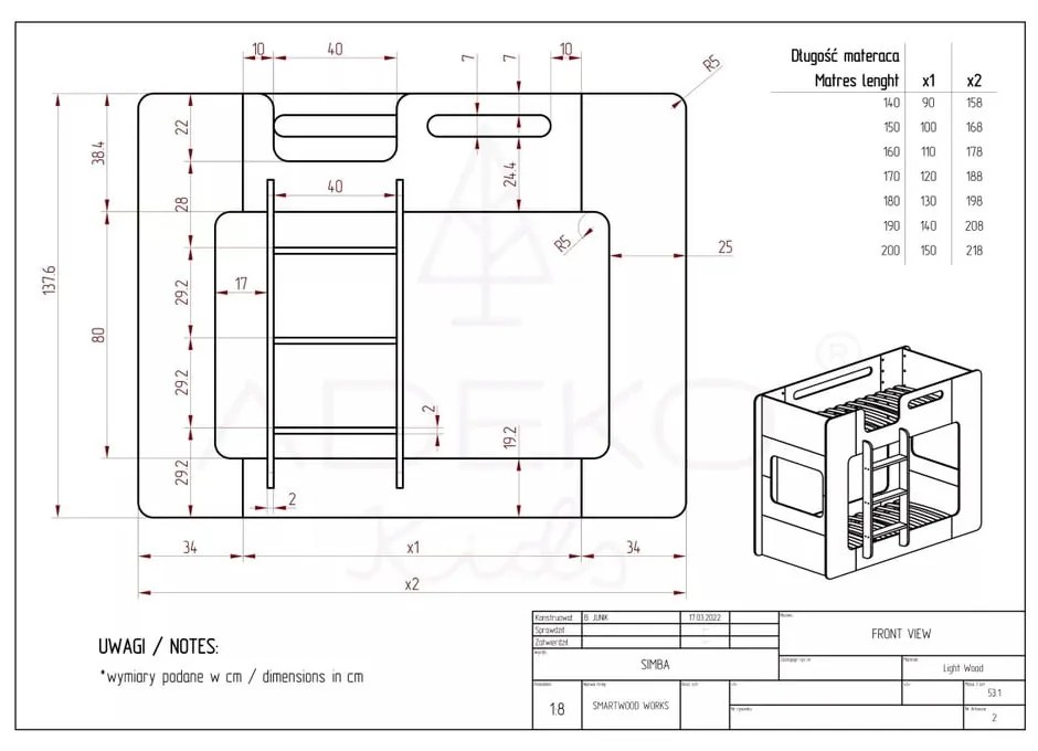 Pat supraetajat pentru copii 90x200 cm Simba - Adeko