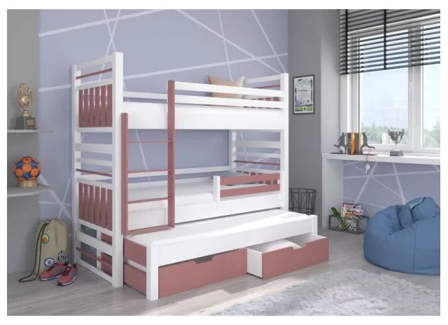 Pat Supraetajat 3 Persoane Cu Saltea HIPPO Roz/Alb 90x200cm