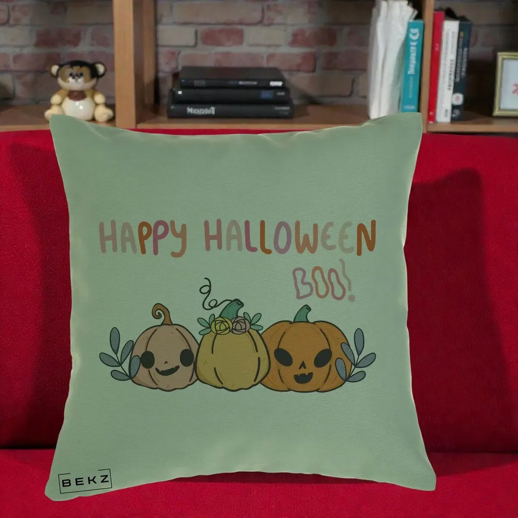 Perna Decorativa Happy Halloween Boo Trei Dovlecei Kawaii, 40x40 cm, Verde, Husa Detasabila, Perna Inclusa, BEKZ®