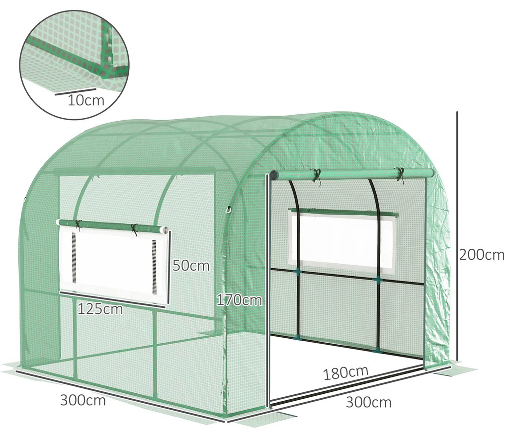 Outsunny Seră de grădină sera tunel de grădină 6m² PE Densitate înaltă 135 g/m², cu 2 uși cu fermoar 300 x 300 x 200 cm, verde | Aosom Romania