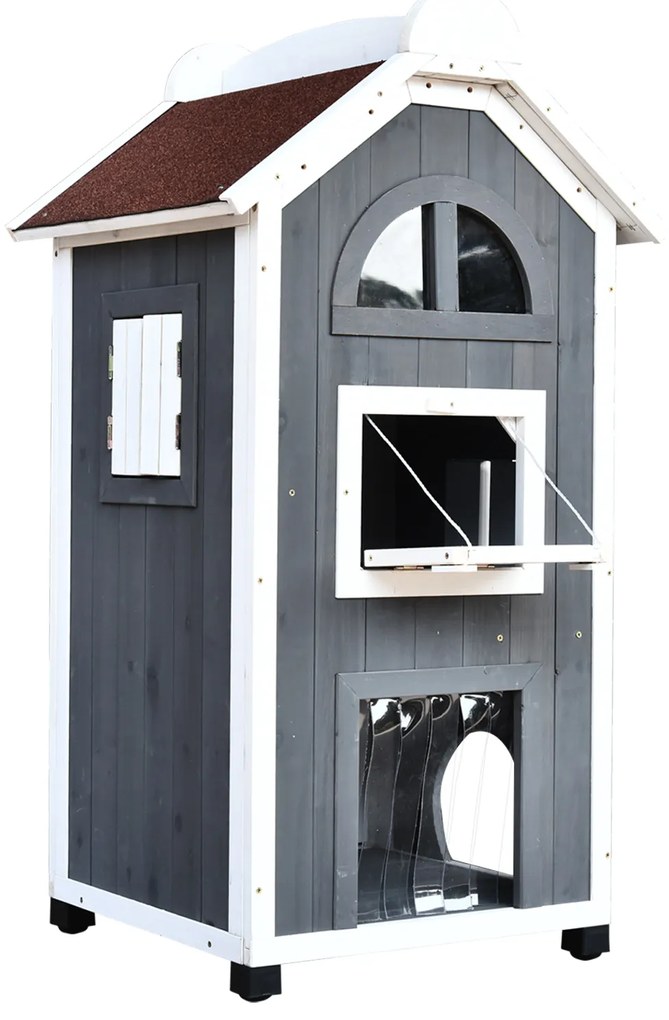 PawHut Casa pentru pisici cu pat sau litieră pentru pisici, dulap pentru pisici, toaletă pentru pisici în interior, lemn de brad, acoperiș de asfalt, Gri, 59 x 55 x 109 cm | Aosom Romania