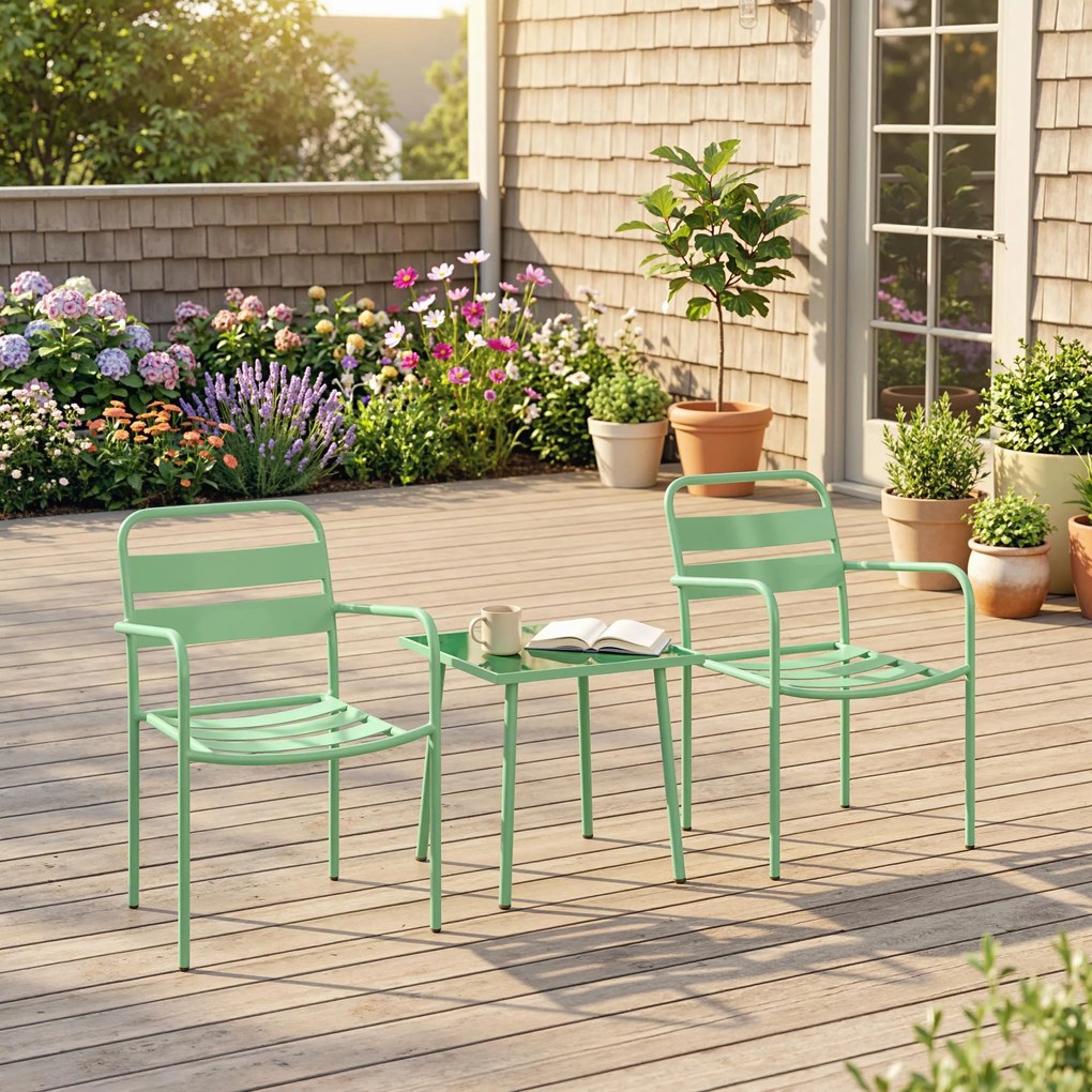 Outsunny Set bistro de grădină 3 piese - masă cu blat din sticlă securizată și 2 scaune cu șipci, cadru din oțel galvanizat, verde | Aosom Romania