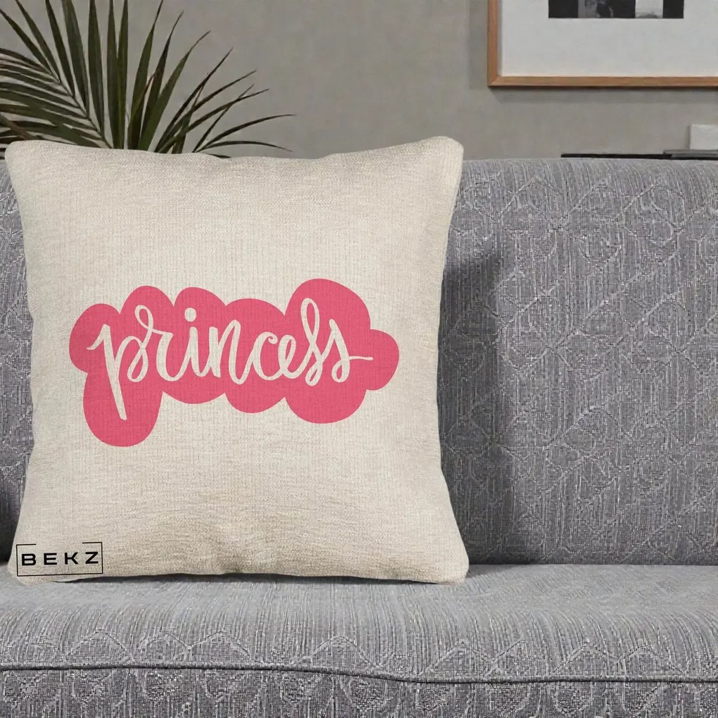 Perna Decorativa Princess Text Roz, 40x40 cm, Bej Canapea, Husa Detasabila, Perna Inclusa, BEKZ®