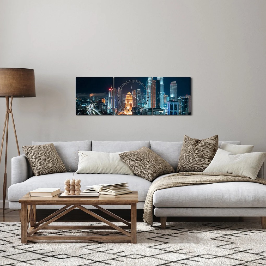 Tablou - Noaptea în Kuala Lumpur (cu ceas) (90x30 cm)
