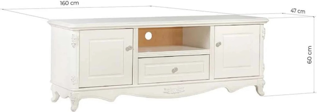 Comodă TV lemn masiv Paris Ecru, 160 × 47 × 60 cm