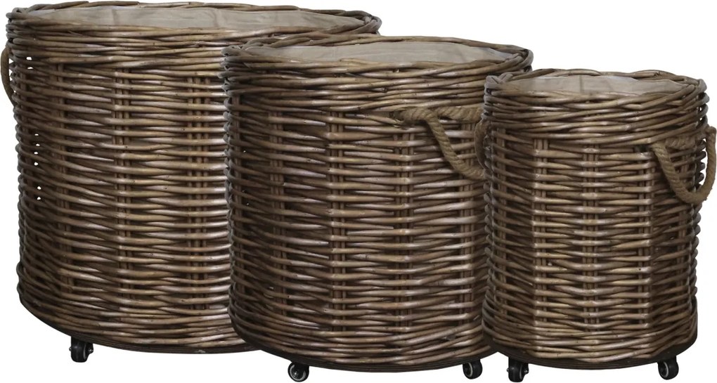 Set 3 coșuri decorative lucrate manual din ratan împletit, cu roți, 60x70 cm, „Brindille"