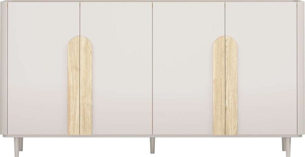 Comodă cu patru uși pe picioare Amilio 200 cm - cașmir / stejar uleiat / mânere stejar deschis