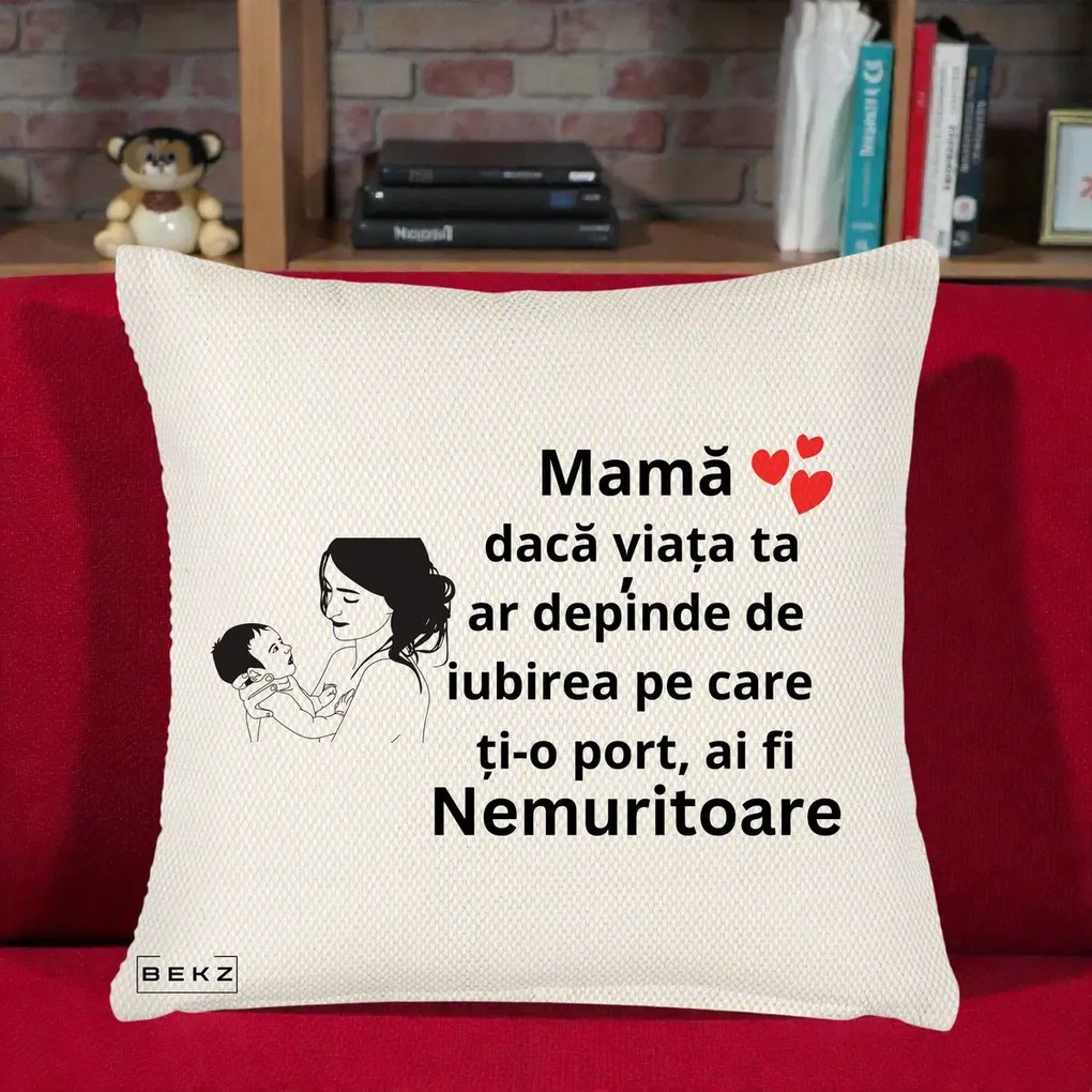 Cadou pentru Mama - Perna Personalizata Mama Nemuritoare Imbratisare Copil, 40x40 cm, Crem Reliefat, Husa Detasabila, Perna Inclusa, BEKZ®