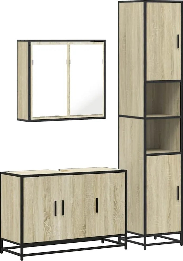 vidaXL Set mobilier de baie, 3 piese, stejar sonoma, lemn prelucrat
