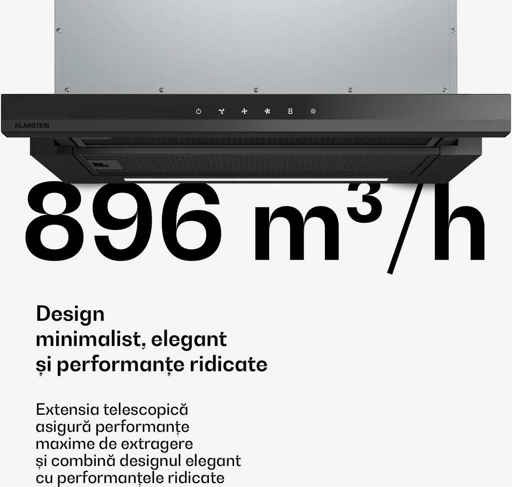 Klarstein Velaire hotă telescopică 60 cm, Elegantă, minimalistă, performantă, Clasa energetică A++, 896 m³/h