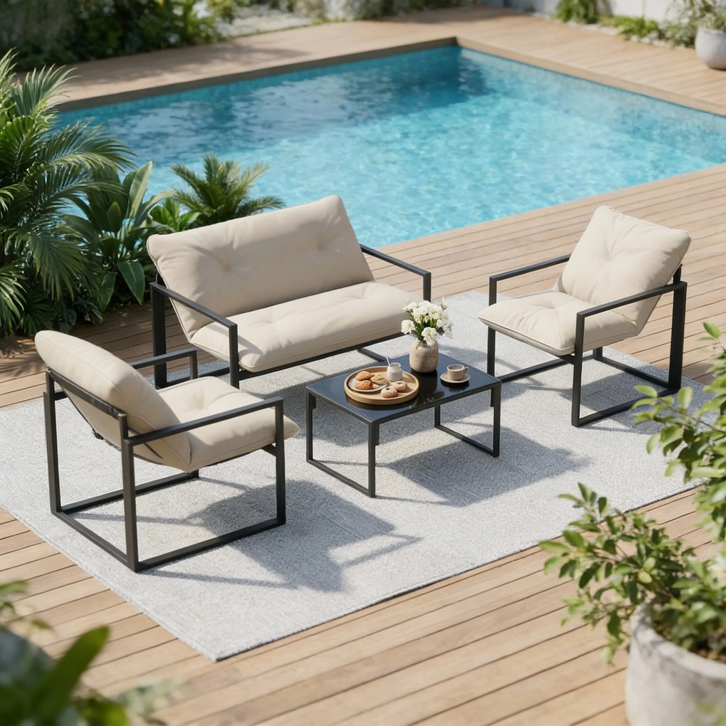 Outsunny Set Mobilier de Exterior cu Masă din Sticlă, Canapea, 2 Fotolii și Perne, Bej | Aosom Romania