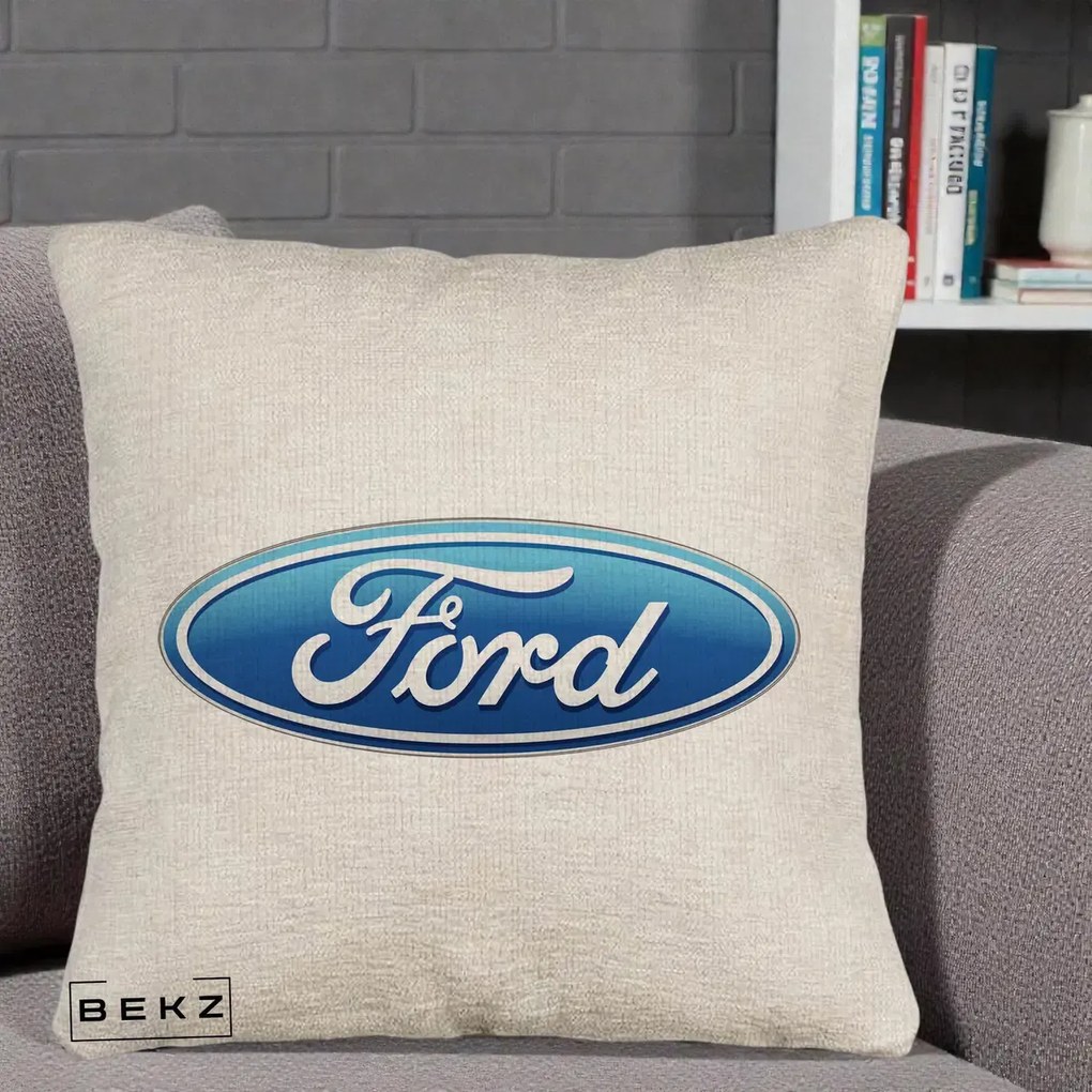 Perna Personalizata cu emblema Ford, 40x40 cm, Bej Canapea, Husa Detasabila, Perna Inclusa, BEKZ®