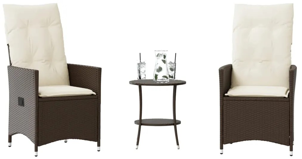 vidaXL Set bistro cu perne, 3 piese, maro, poliratan