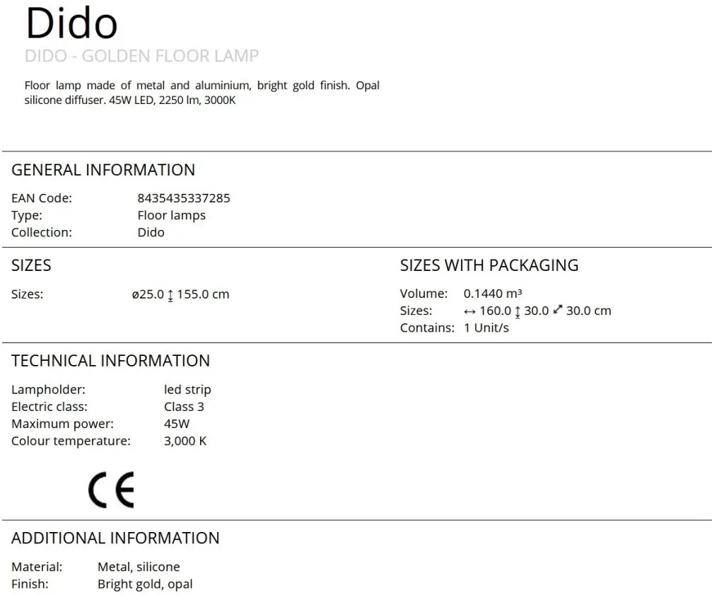 Lampadar LED / Lampa de podea design modern Dido aurie