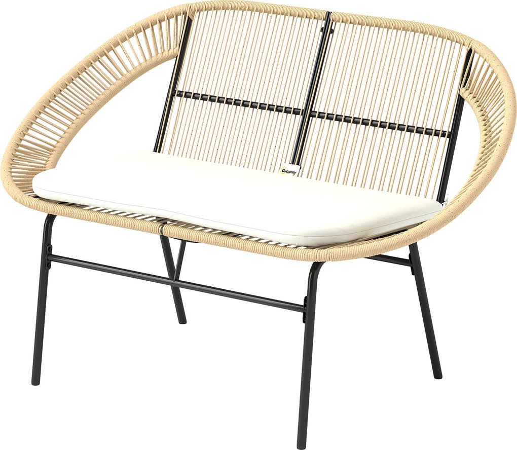 Outsunny Banc de grădină 2 locuri, banc exterior grădină din oțel, stil Acapulco, cu spătar și pernă, 126 x 72 x 83 cm, kaki | Aosom Romania