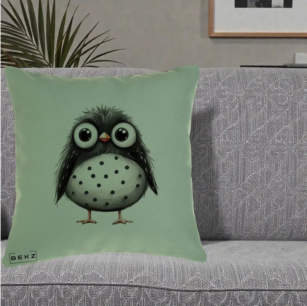 Perna Decorativa Bufnita Neagra cu Buline Albe, 40x40 cm, Verde, Husa Detasabila, Perna Inclusa, BEKZ®