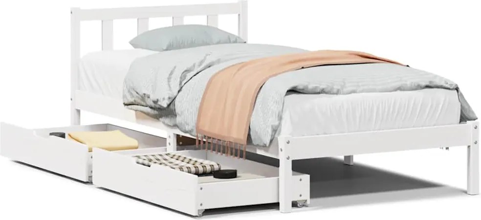 vidaXL Cadru pat fără saltea, alb, 100x200 cm, lemn masiv pin