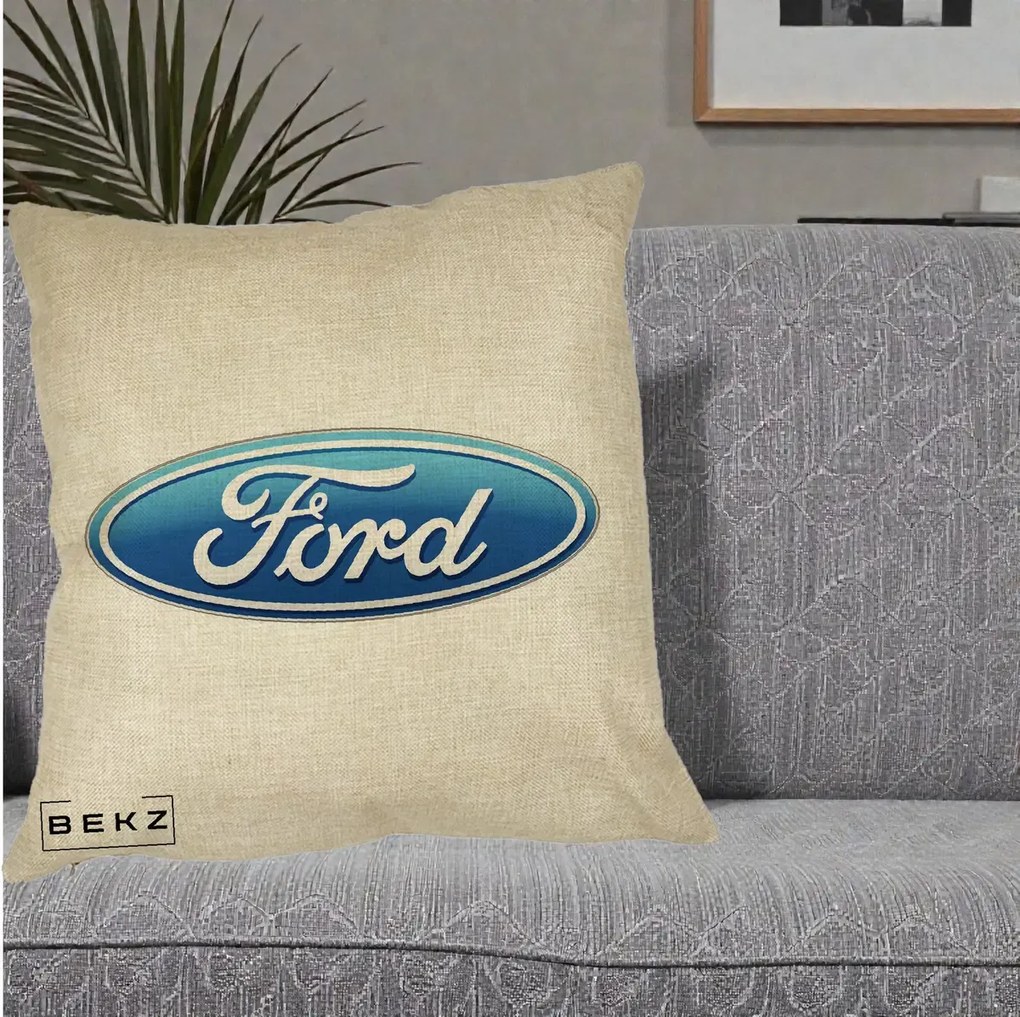 Perna Personalizata cu emblema Ford, 40x40 cm, Crem, Husa Detasabila, Perna Inclusa, BEKZ®