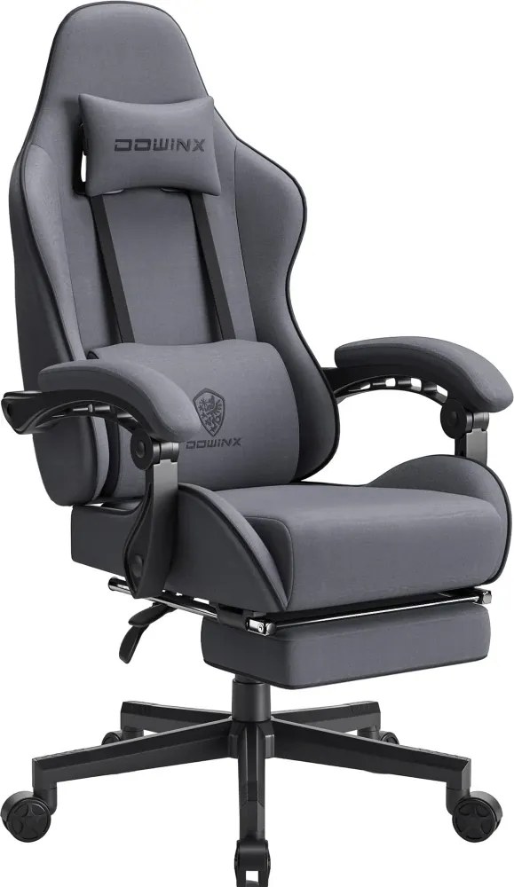 DOWINX 6658 - Scaun Gaming Ergonomic, Masaj in perna lombara, Șezut cu Arcuri Metalice și Spumă, Suport pentru picioare, Rabatabil 90°–135°, Rezistent 130 kg, Material textil, Gri