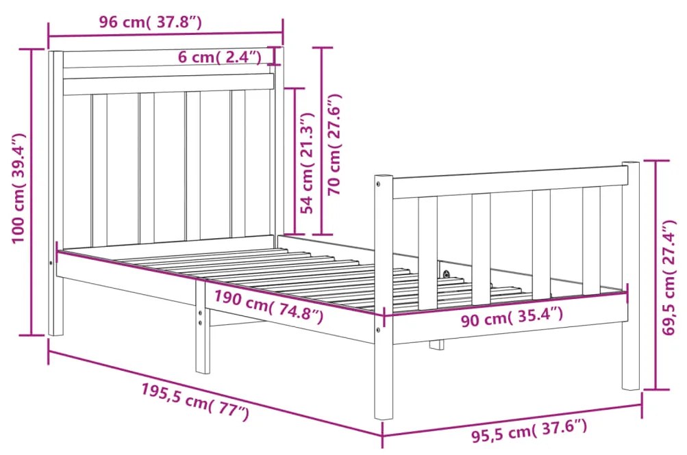Cadru de pat Single 3FT, 90x190 cm, lemn masiv Maro, 90 x 190 cm
