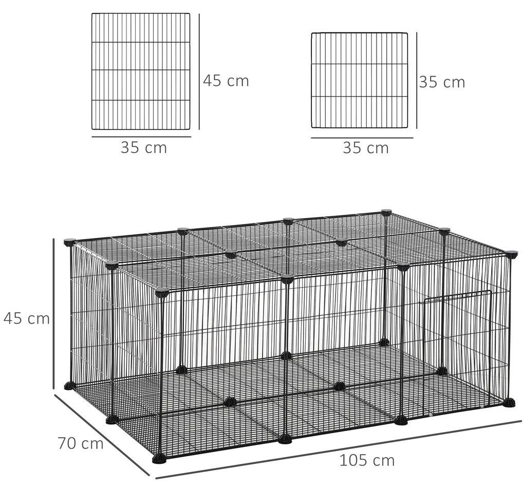 Cusca pentru animale mici, 22 panouri cu usa si elemente de legatura, picioare anti-alunecare, metal 105x70x45cm PawHut | Aosom Romania