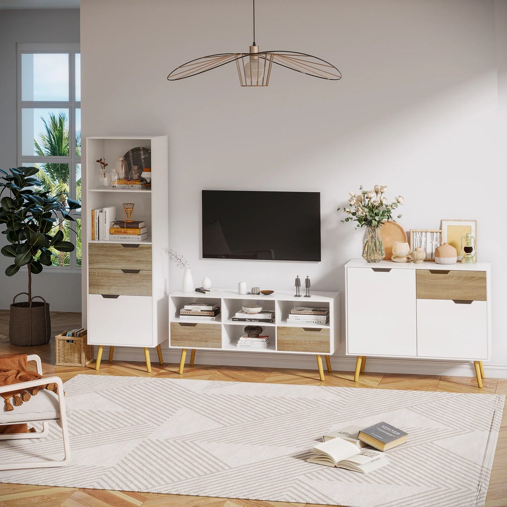 HOMCOM Bufet Mobilier de depozitare pe picior de tip scandinav cu dulapuri pentru Baie, sufragerie, Bucătărie, Picioare din lemn masiv de pin - Alb - dim. 98L x 39l x 81.5H cm | Aosom Romania