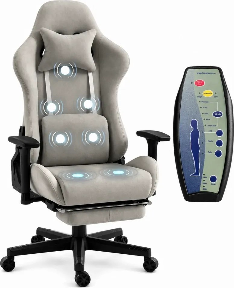 RESIGILAT- Scaun Gaming cu Masaj 7 Puncte și Încălzire, Telecomanda, Cotiere 3D, Reclinare 180°, Suport Picioare, Catifea, Gri