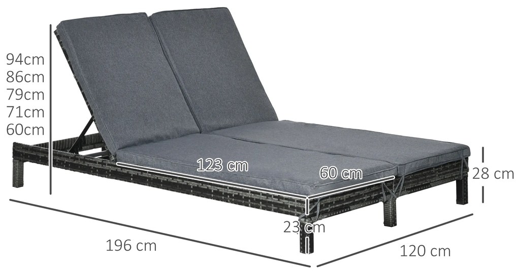 Set Sezlong cu 2 locuri și 2 perne captusite, husa impermeabila, din PE Ratan, Cadru in otel, Gri 195x120x28cm Outsunny | Aosom Romania