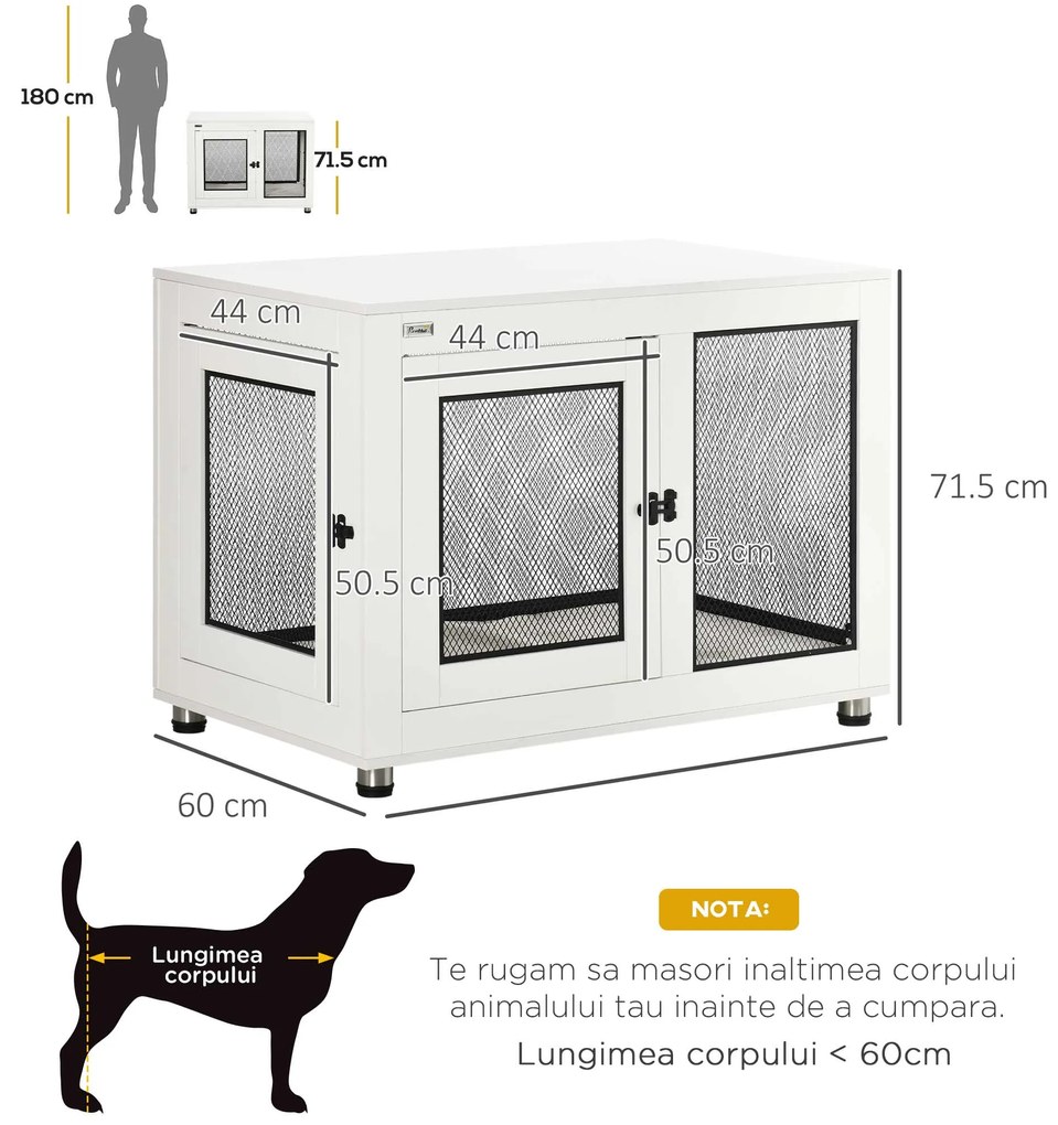 PawHut Cușcă pentru Câini de Talie Mare cu 2 Uși Blocabile, Picioare Reglabile și Pernă Lavabilă, 94x60x71.5 cm, Alb | Aosom Romania