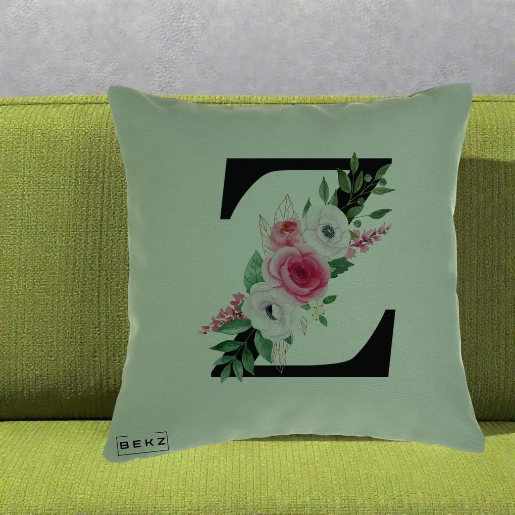 Cadou Personalizat - Perna Personalizata Monograma Florala Litera Z cu Buchet, 40x40 cm, Verde, Husa Detasabila, Perna Inclusa, BEKZ®