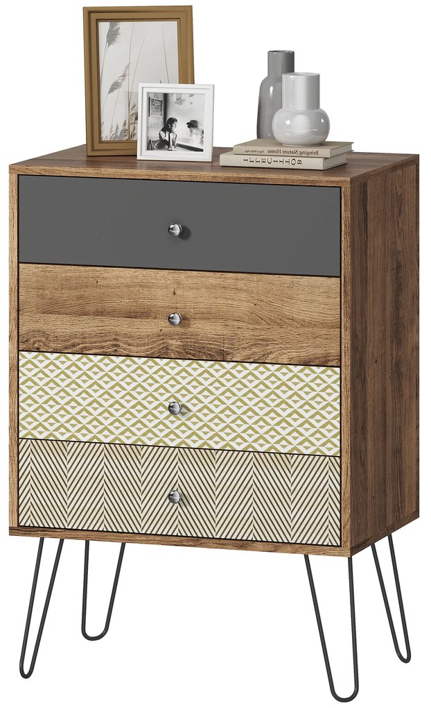 HOMCOM Comodă cu 4 sertare Picioare tip furcă din oțel Stil boem 60x39x86 cm Multicolor | Aosom Romania