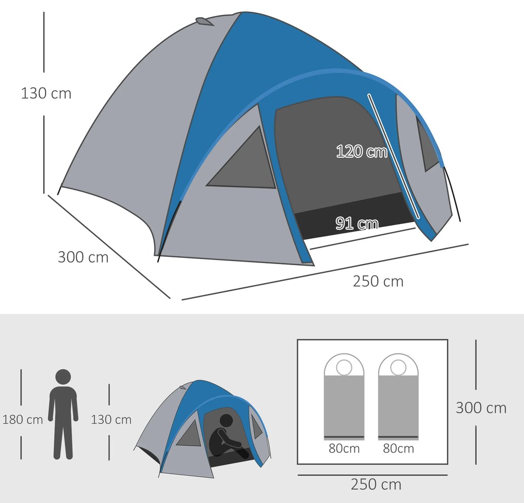 Outsunny Cort de Camping pentru 4 Persoane, cu Spațiu de Depozitare, Albastru, 3x2.50x1.30m | Aosom Romania